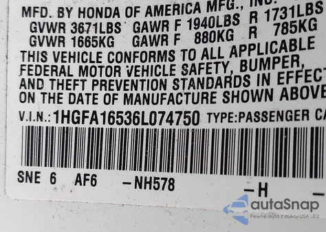 2006 Honda Civic Lx from USA, damaged, VIN 1HGFA16536L074750